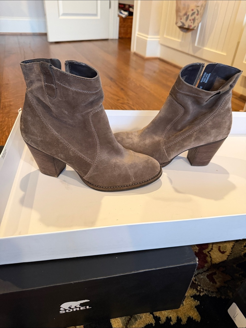 Paul Green Taupe Suede Block Heel Ankle Boots